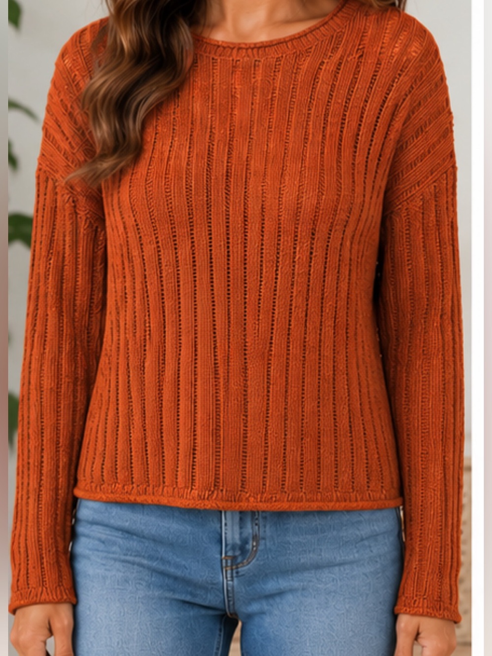 S124 Double Zero Crochet Relaxed Fit Rust Sweater Boho Layering
